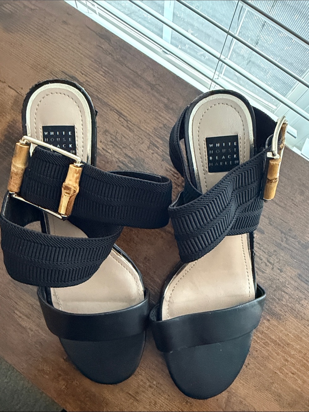 White House Black Market Black Strappy Sandals with Gold Bamboo Buckle